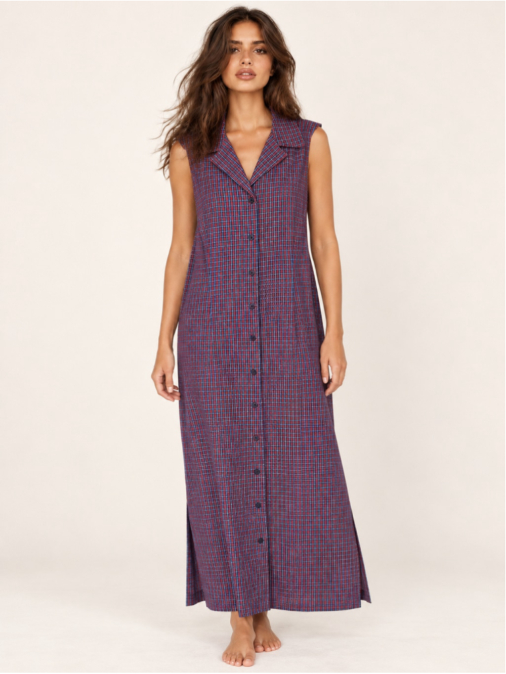 Faded Glory Plaid Maxi Shirt Dress Button Up Sleeveless Cotton XL Classic